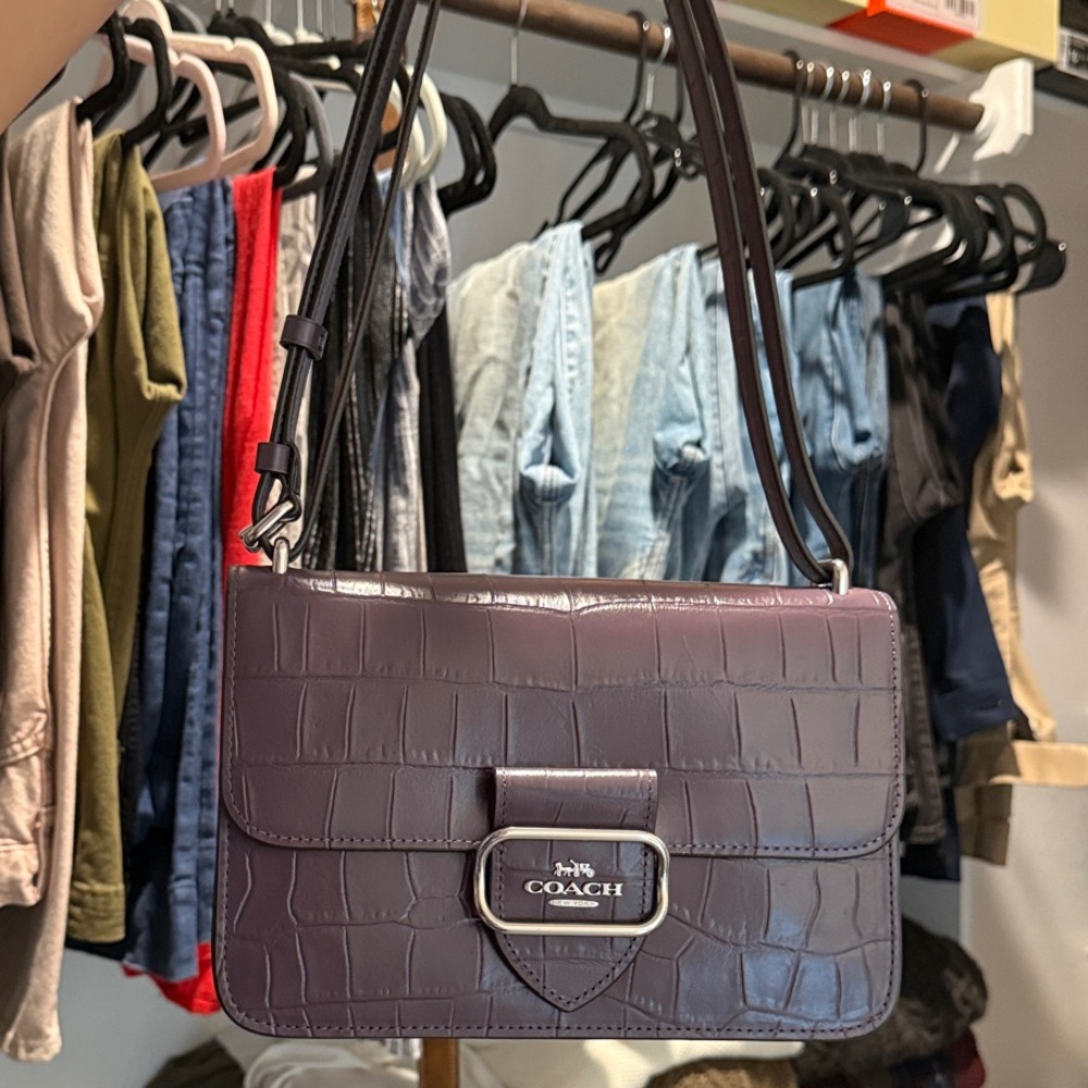 Rare Coach Large “Morgan” Dark Purple Croc-Embossed Shoulder Bag